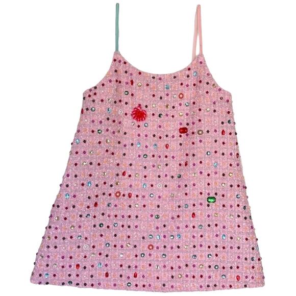 NWT RICH FASHION Dress L Pink Tweed Boucle Jeweled&Beaded-All-Over A-Line Knee - Picture 1 of 8